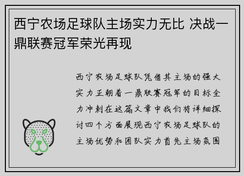 西宁农场足球队主场实力无比 决战一鼎联赛冠军荣光再现