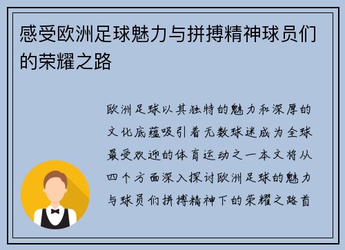 感受欧洲足球魅力与拼搏精神球员们的荣耀之路
