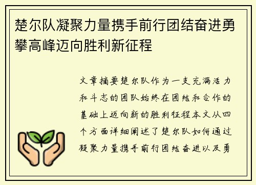 楚尔队凝聚力量携手前行团结奋进勇攀高峰迈向胜利新征程