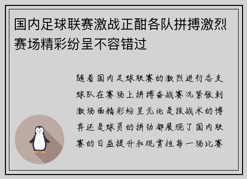 国内足球联赛激战正酣各队拼搏激烈赛场精彩纷呈不容错过