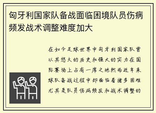 匈牙利国家队备战面临困境队员伤病频发战术调整难度加大