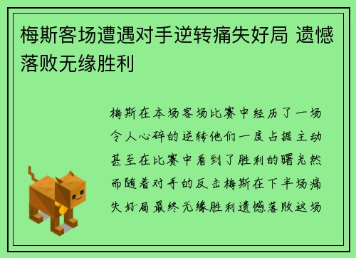 梅斯客场遭遇对手逆转痛失好局 遗憾落败无缘胜利