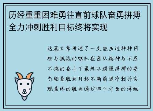 历经重重困难勇往直前球队奋勇拼搏全力冲刺胜利目标终将实现