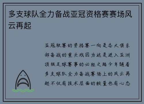 多支球队全力备战亚冠资格赛赛场风云再起