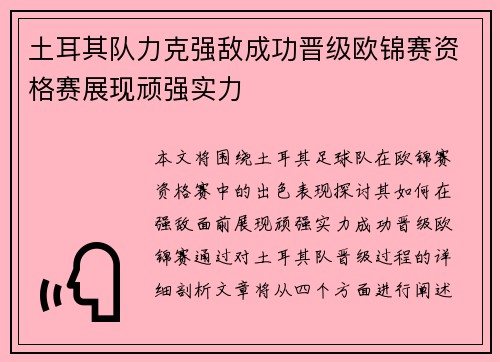 土耳其队力克强敌成功晋级欧锦赛资格赛展现顽强实力