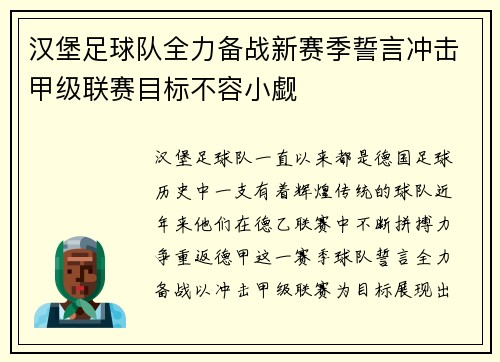 汉堡足球队全力备战新赛季誓言冲击甲级联赛目标不容小觑