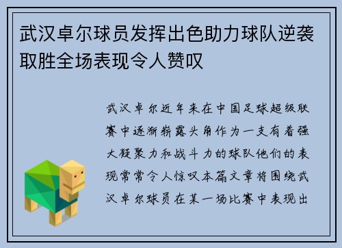 武汉卓尔球员发挥出色助力球队逆袭取胜全场表现令人赞叹