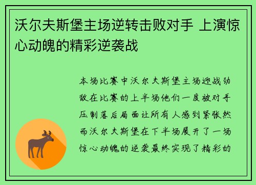 沃尔夫斯堡主场逆转击败对手 上演惊心动魄的精彩逆袭战