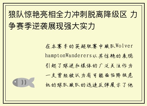狼队惊艳亮相全力冲刺脱离降级区 力争赛季逆袭展现强大实力