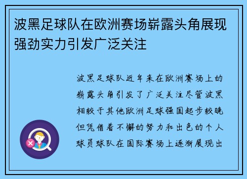 波黑足球队在欧洲赛场崭露头角展现强劲实力引发广泛关注